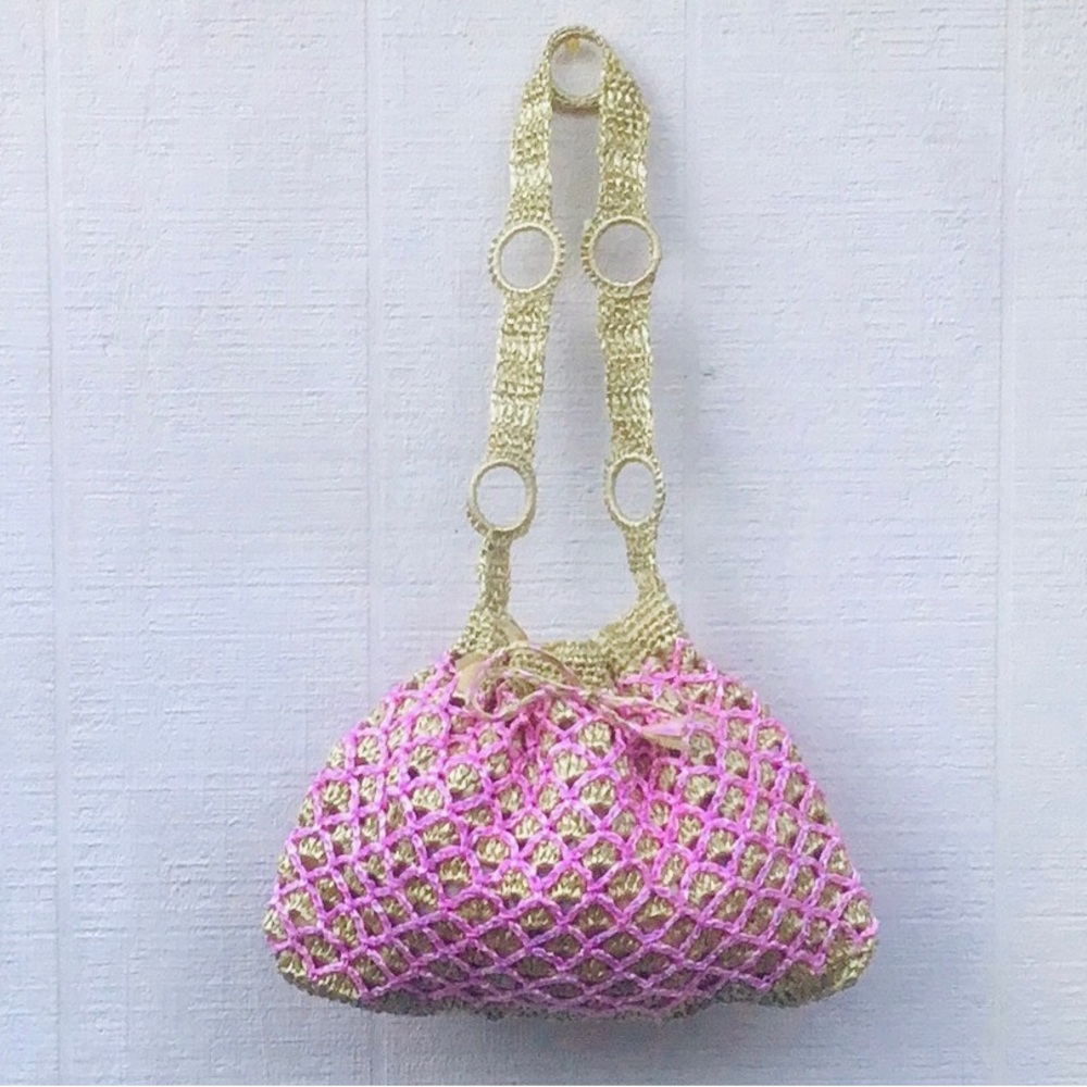 Y2K Handmade raffia crochet knit style shoulder drawstring purse handbag
